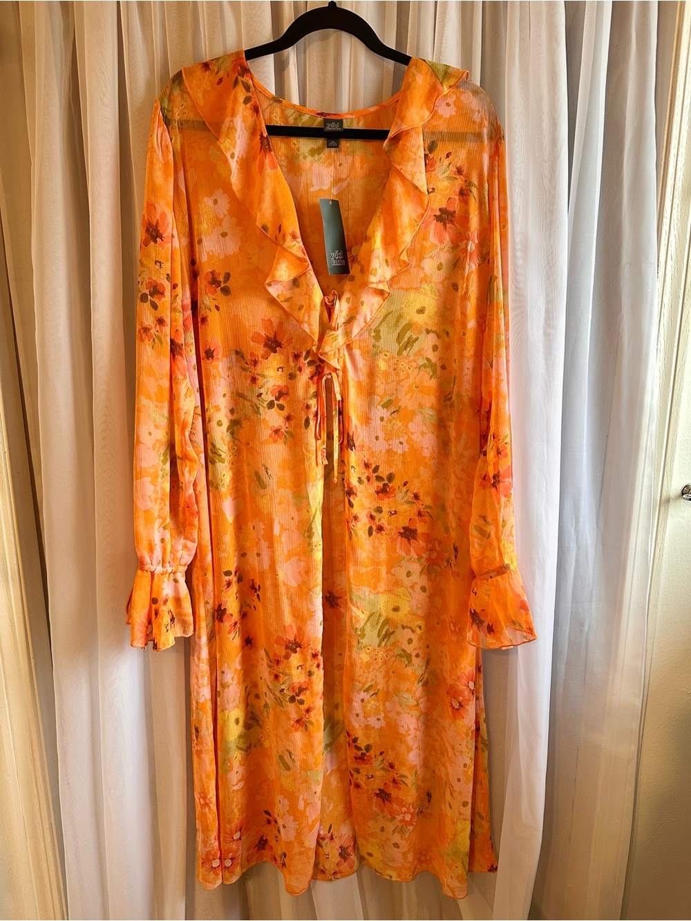 wild fable Sheer Orange Floral Ruffle Tie-Front Long Sleeve duster Robe Cover up